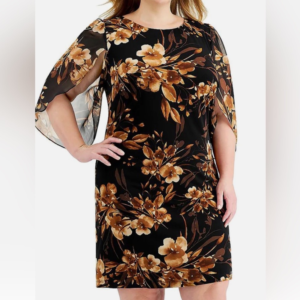 Women’s Formal Dress Plus Sz 22W Tulip Sleeves Sheath Connected Brown Black NWT